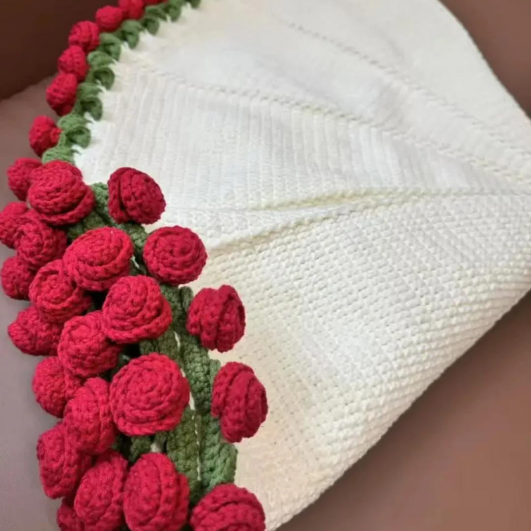 Coperta all'Uncinetto Fatto a Mano con Bouquet di Fiori